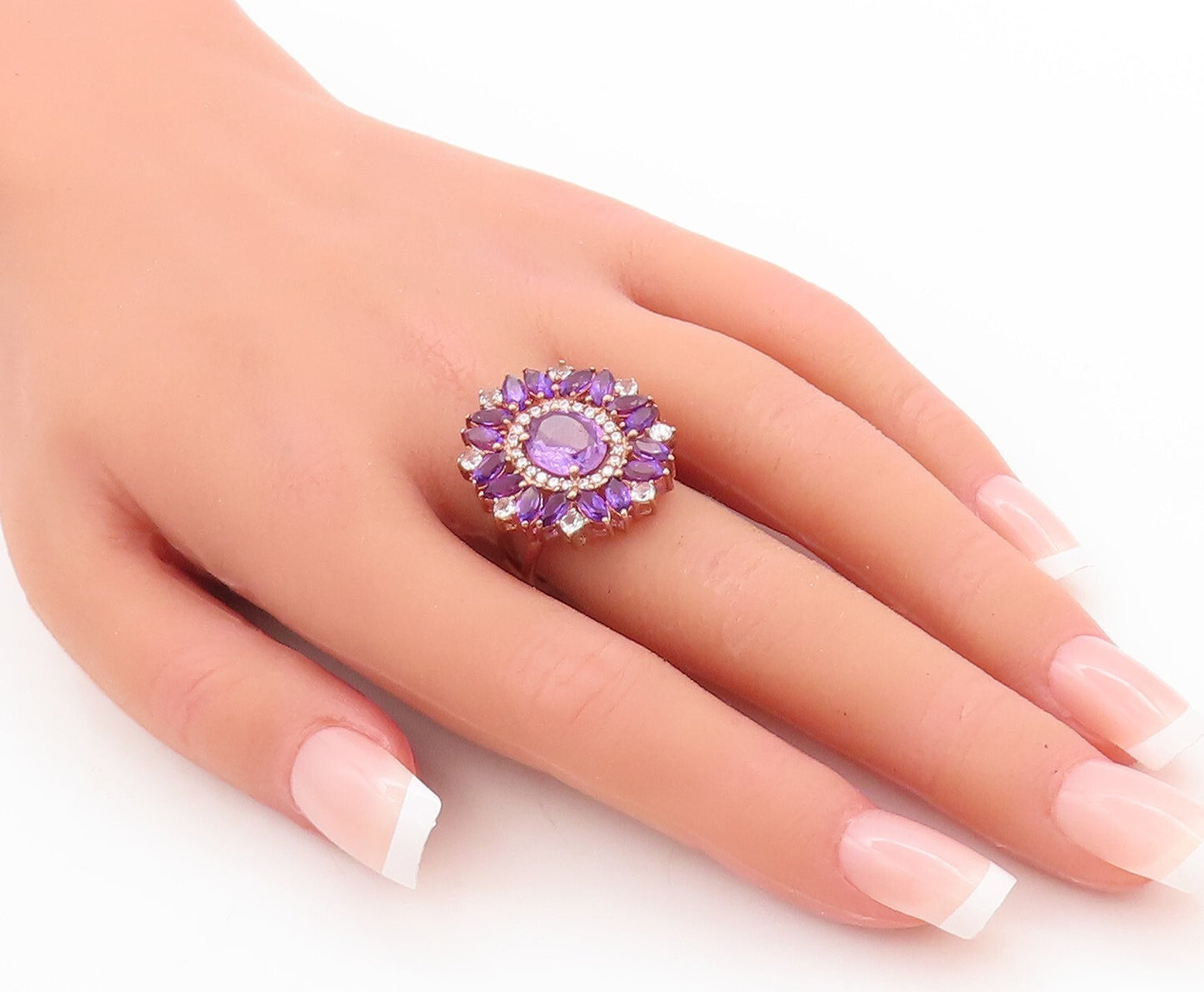 925 Sterling Silver Vintage Ring Rose Gold Plated Amethyst Flower Sz 7 RG29880