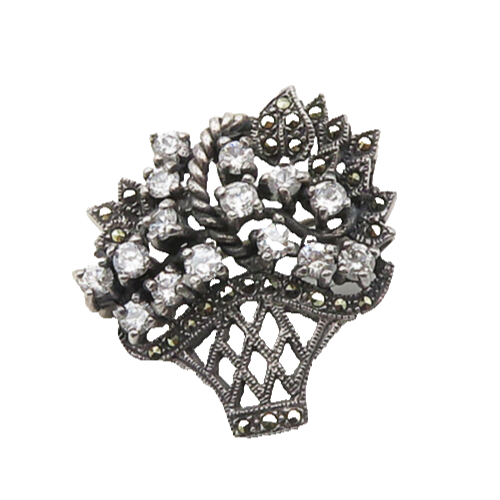 925 Silver Vintage Cubic Zirconia & Marcasite Flower Basket Brooch Pin BP7617