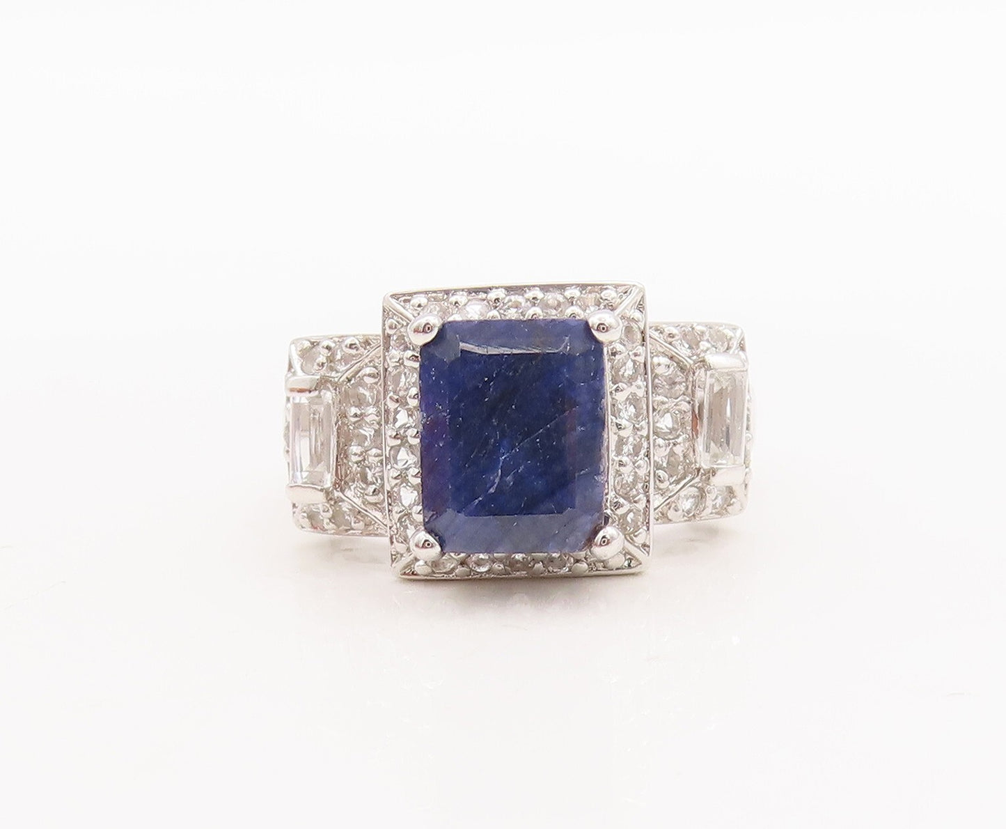 925 Sterling Silver Vintage Ring Rectangle Cut Blue Gemstone & CZ  Sz 7  RG29701