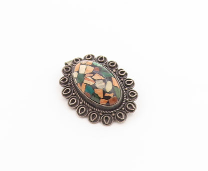 925 Sterling Silver Vintage Brooch Pin Multi gemstone Scalloped Border  BP12644