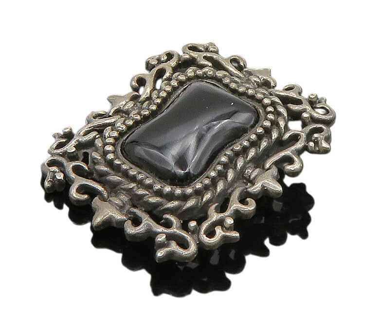 925 Sterling Silver  Vintage Black Onyx Floral Vine Border Brooch Pin  BP9304
