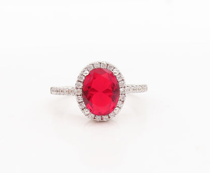 925 Sterling Silver Vintage Ring Oval Cut Red Halo White CZ  Sz 6  RG29759