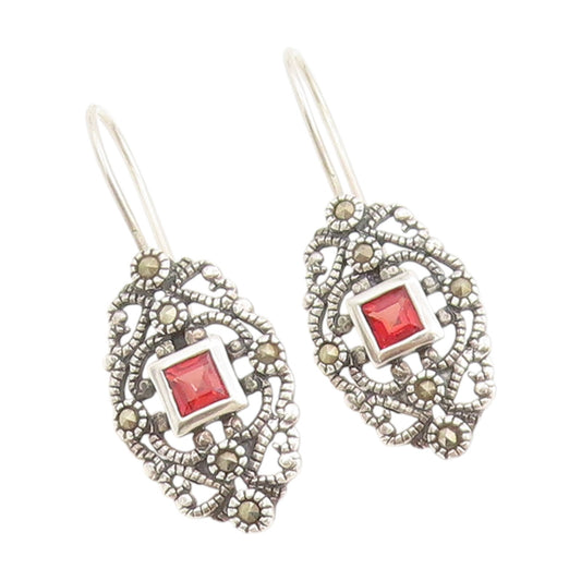 925 Sterling Silver Vintage Earrings Marcasite & Red CZ Floral Dangles  EG13744
