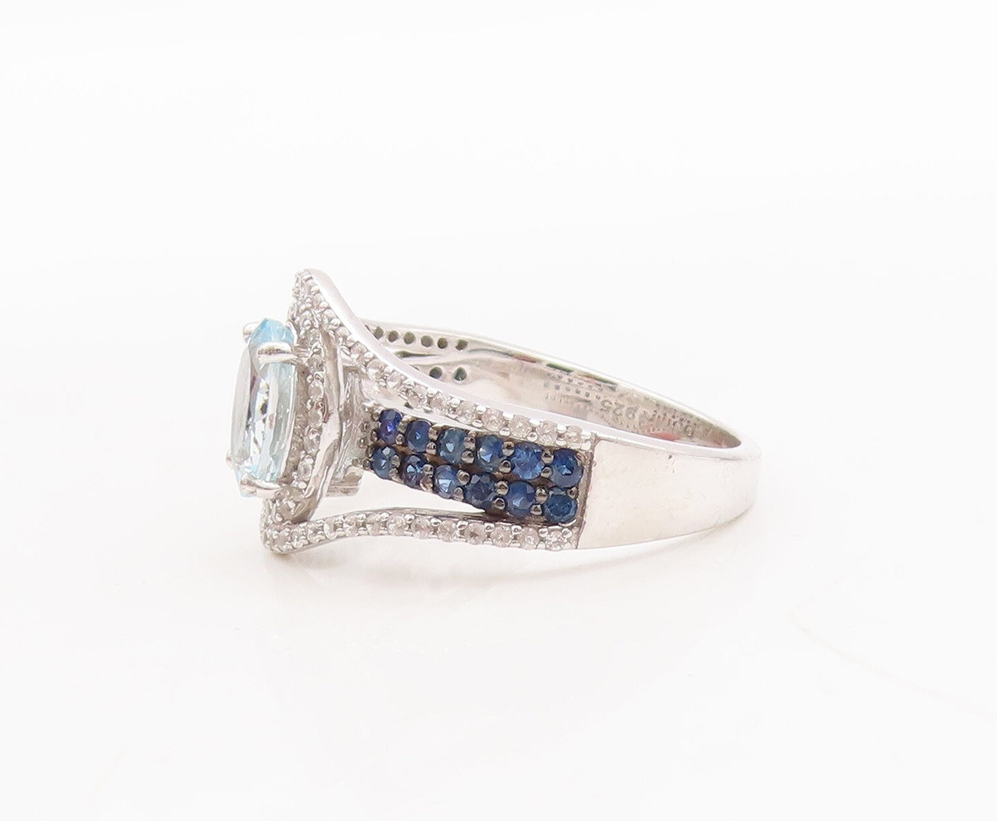 925 Sterling Silver Vintage Ring Cutout Blue White Topaz Sapphire Sz 7.5 RG29666