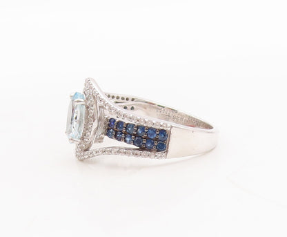 925 Sterling Silver Vintage Ring Cutout Blue White Topaz Sapphire Sz 7.5 RG29666