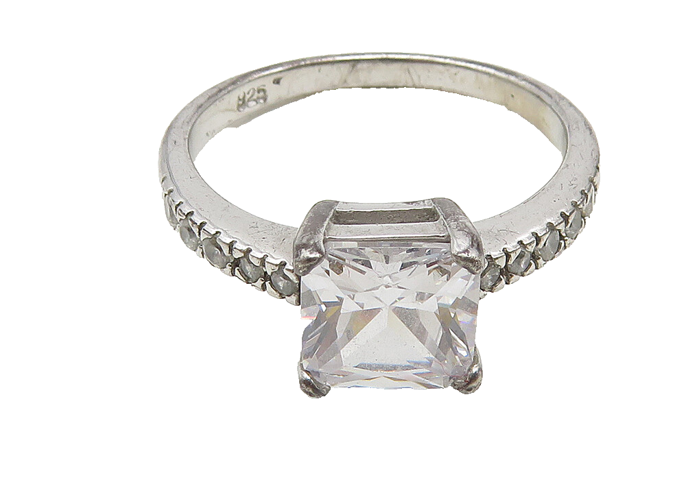 925 Sterling Silver  Cubic Zirconia Solitaire With Accents Ring Sz 7  RG10551
