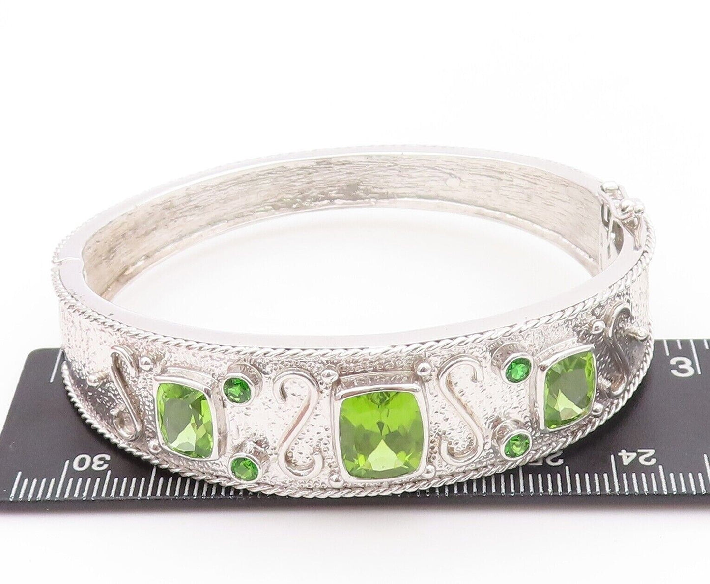 925 Sterling Silver Vintage Bracelet Solid Carved Rectangle Peridot  BT10721