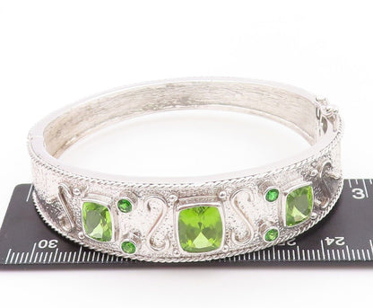 925 Sterling Silver Vintage Bracelet Solid Carved Rectangle Peridot  BT10721