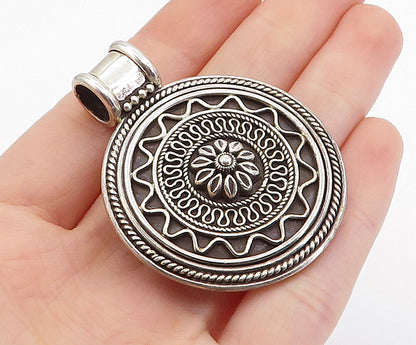 925 Sterling Silver  Vintage Swirl Twist Flower Dome Round Pendant  PT5238