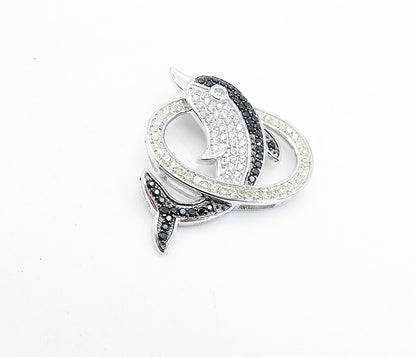 925 Sterling Silver  Topaz & Black Hematite Leaping Dolphin Pendant  PT5073