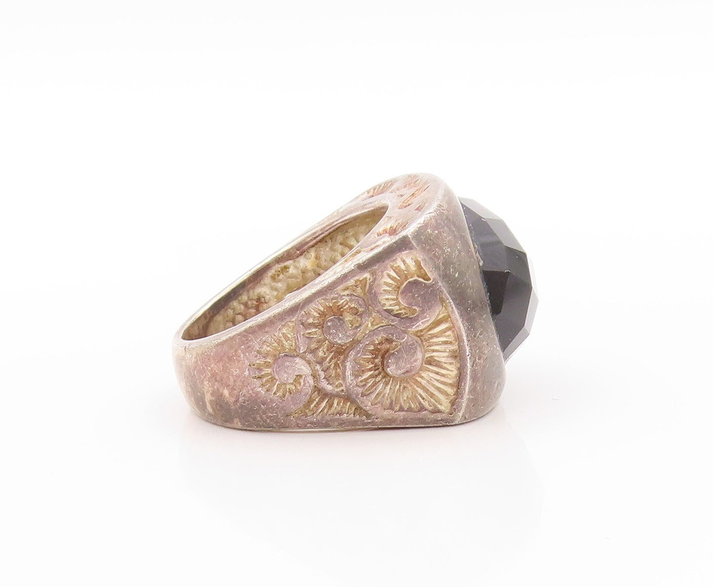 925 Sterling Silver Vintage Ring Swirls Etched Oval Cut Onyx  Sz 7  RG32846