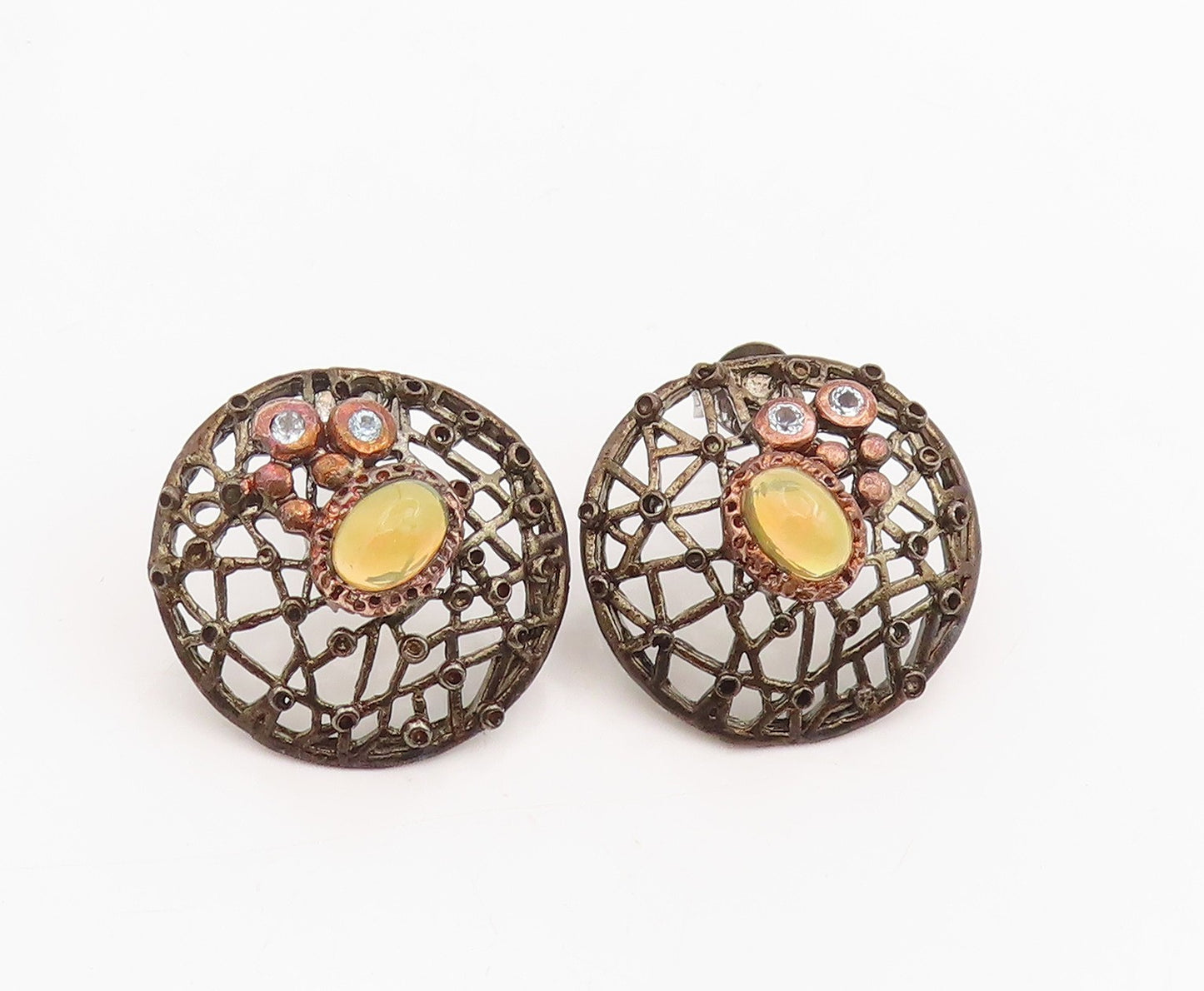 925 Sterling Silver Vintage Earrings Fire Opal & CZ Round Openwork Stud  EG13828