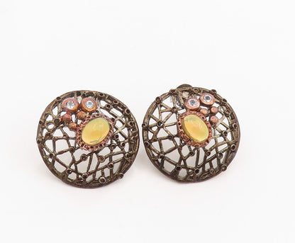 925 Sterling Silver Vintage Earrings Fire Opal & CZ Round Openwork Stud  EG13828
