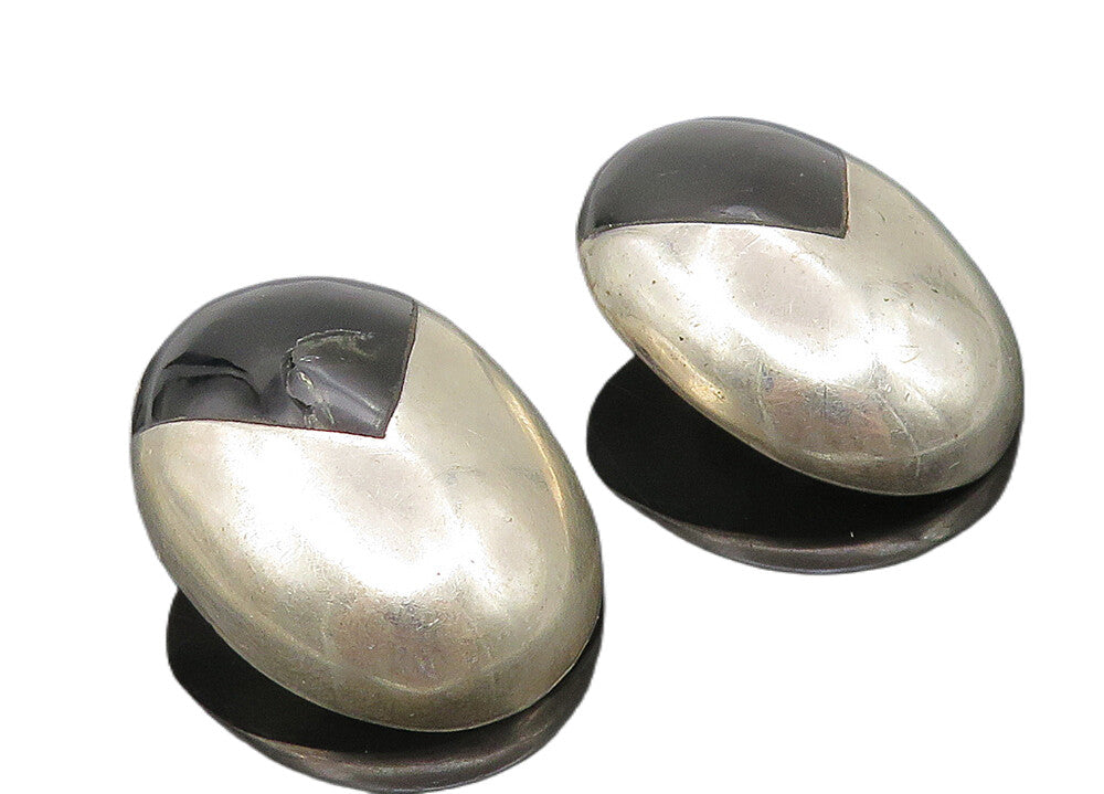 MEXICO 925 Silver   Vintage Inlaid Black Onyx Dome Non Pierce Earrings  EG5737