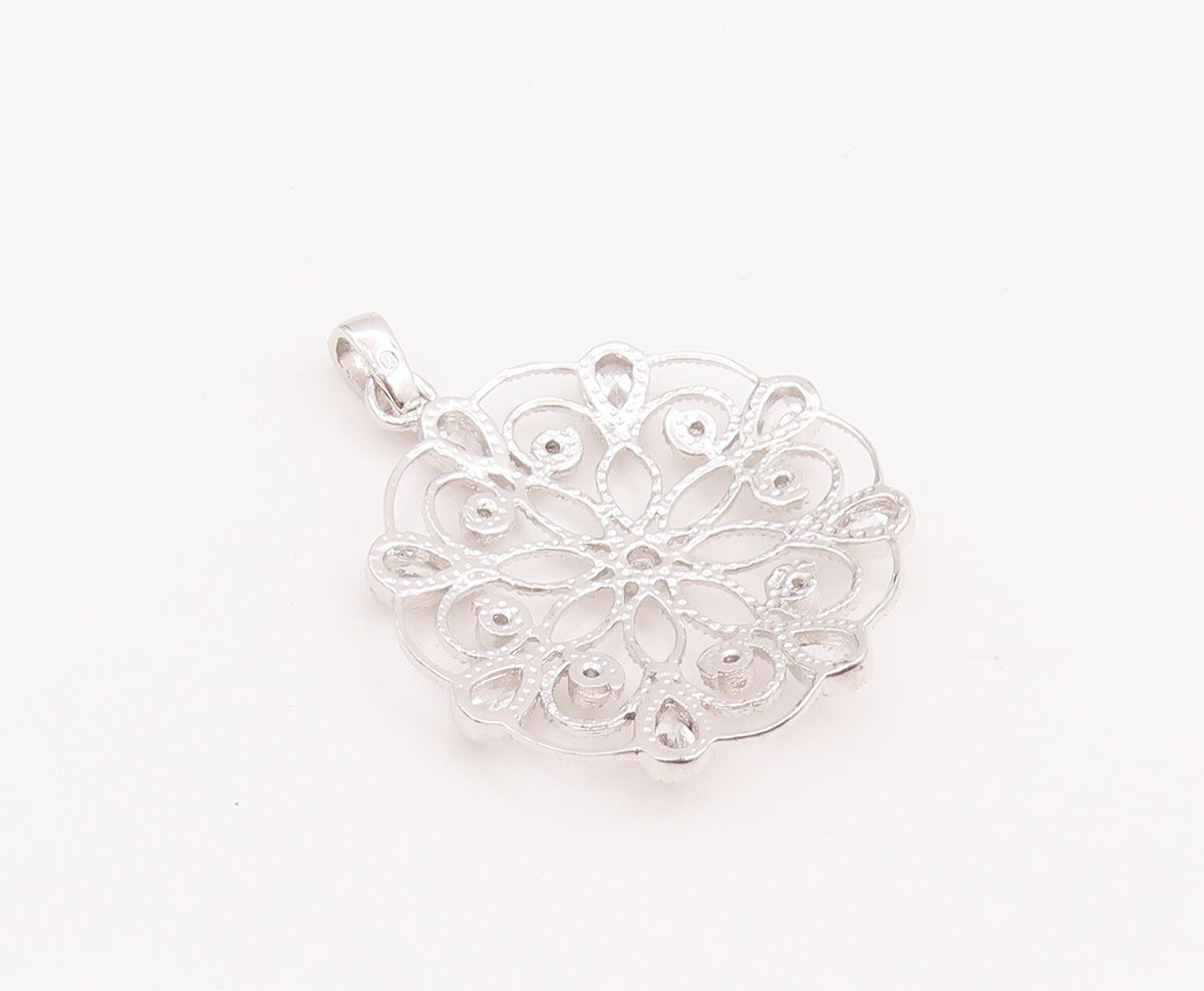 925 Sterling Silver Vintage Pendant Swirly Cutout Drop Cut CZ Flower  PT22843