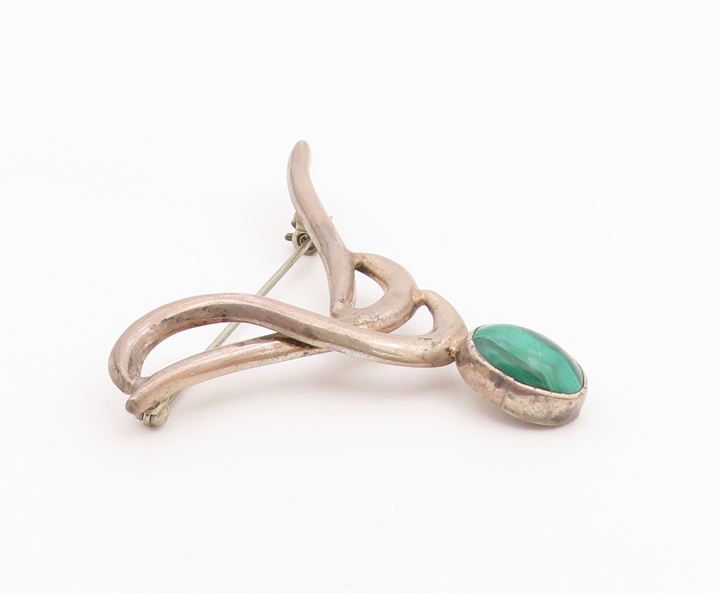 MEXICO 925 Sterling Silver  Vintage Cabochon Cut Malachite Brooch Pin  BP8836