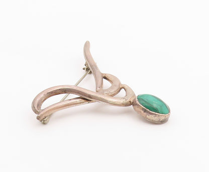 MEXICO 925 Sterling Silver  Vintage Cabochon Cut Malachite Brooch Pin  BP8836