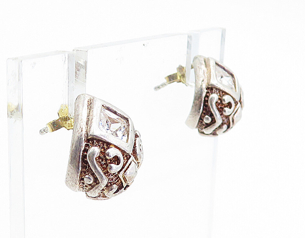 925 Sterling Silver Vintage Cubic Zirconia Petite Curve Drop Earrings EG2361