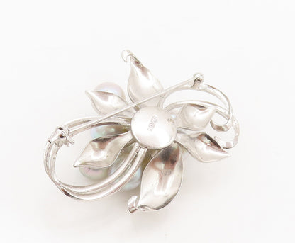 925 Sterling Silver  Vintage Pearl Beaded Carved Flower Brooch Pin  BP10523