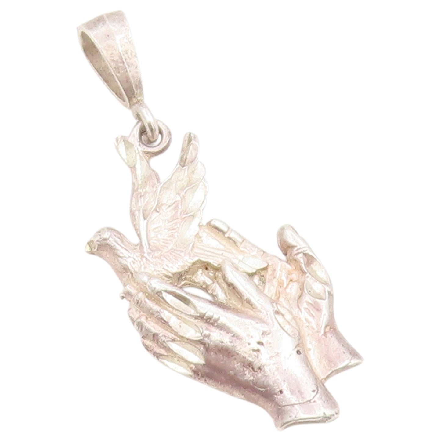 925 Sterling Silver Vintage Pendant Holy Spirit Dove & Faith Hands Charm PT26463