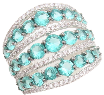 925 Sterling Silver Vintage Ring Designer Aqua & White CZ Bands  Sz 8.5  RG30150