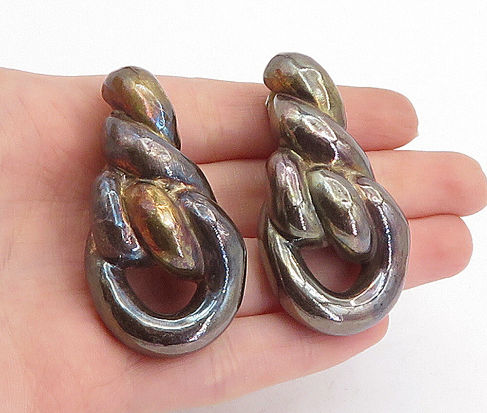 925 Sterling Silver  Vintage Oxidized Hollow Twist Non Pierce Earrings  EG2146