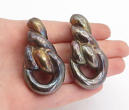 925 Sterling Silver  Vintage Oxidized Hollow Twist Non Pierce Earrings  EG2146