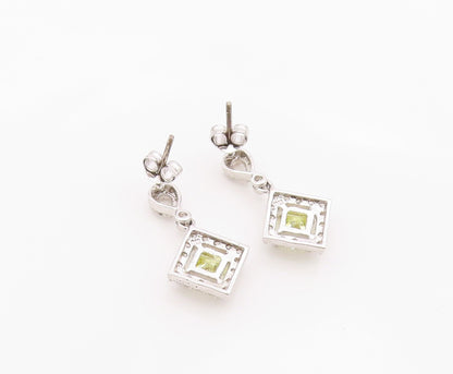 925 Sterling Silver Vintage Earrings Peridot & Halo CZ Geometric Drop  EG14366