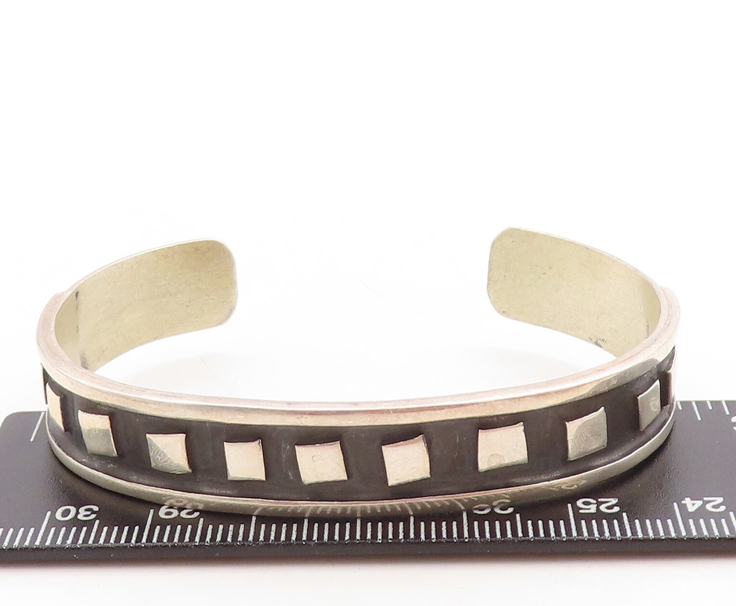 925 Sterling Silver Vintage Bracelet MEXICO Dark Tone Square Carved Cuff BT10955