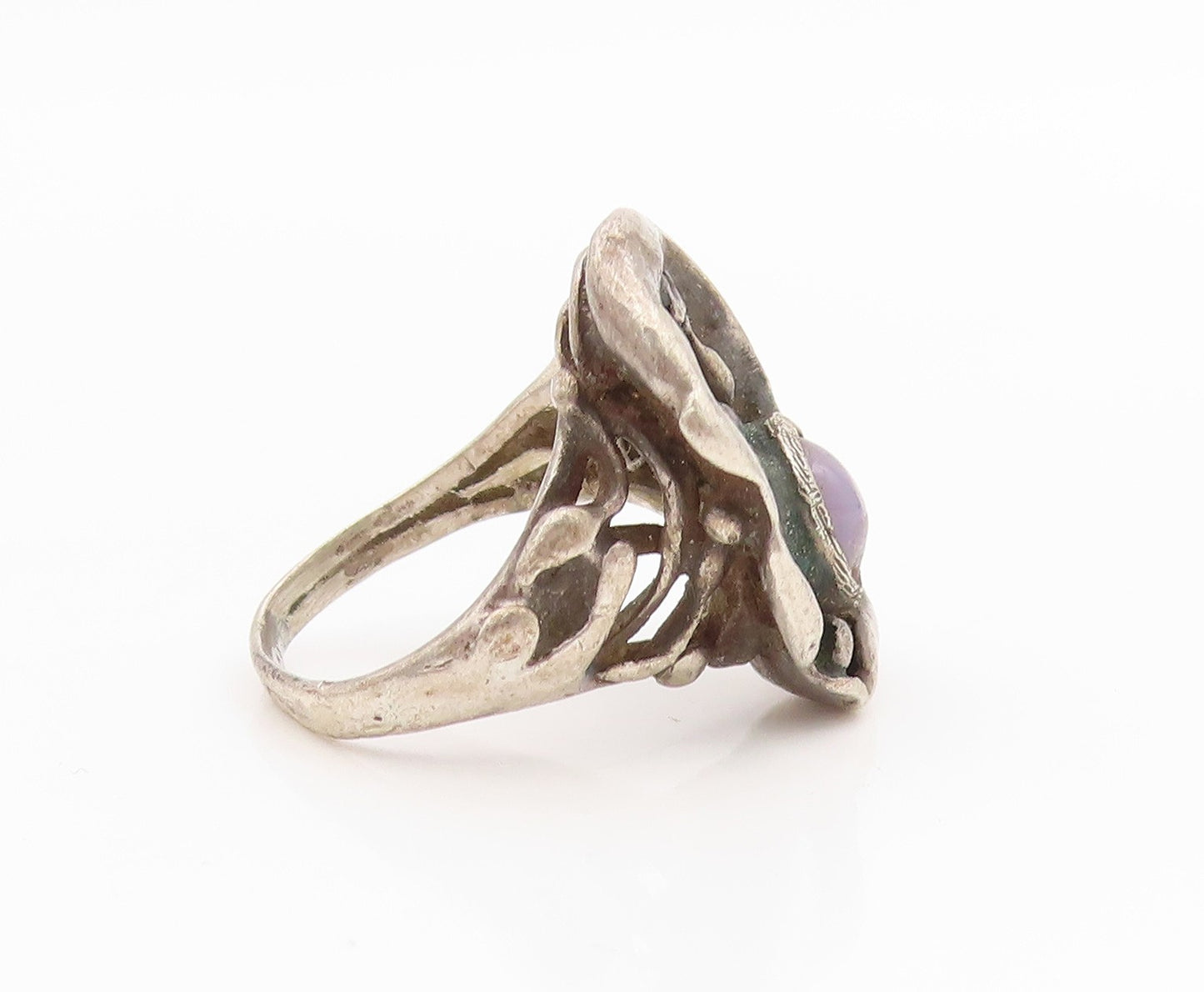 925 Sterling Silver Vintage Ring Cabochon Amethyst Brutalist Band  Sz 4  RG34619