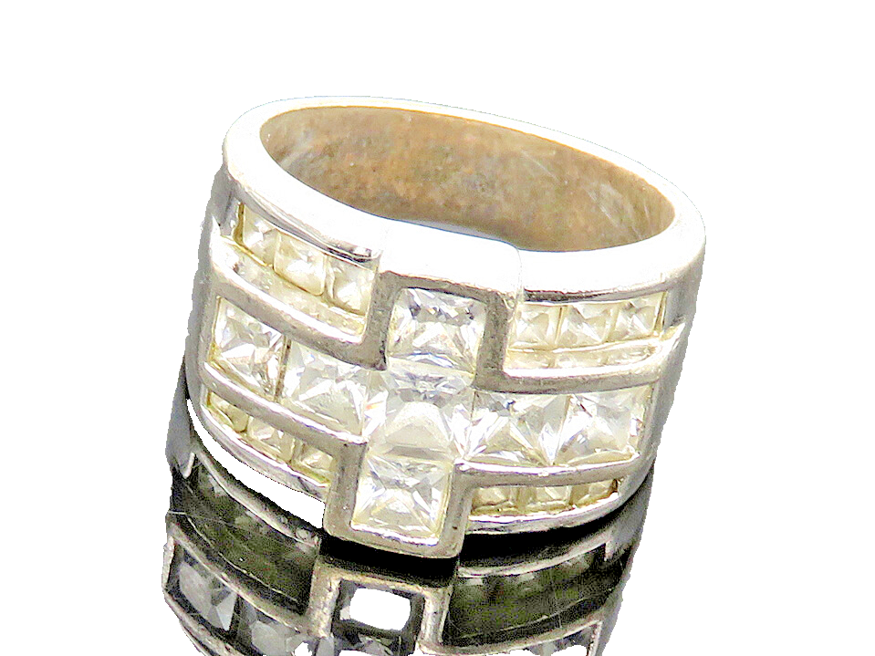 925 Sterling Silver  Vintage Cubic Zirconia Cross Band Ring Sz 8.5  RG20152