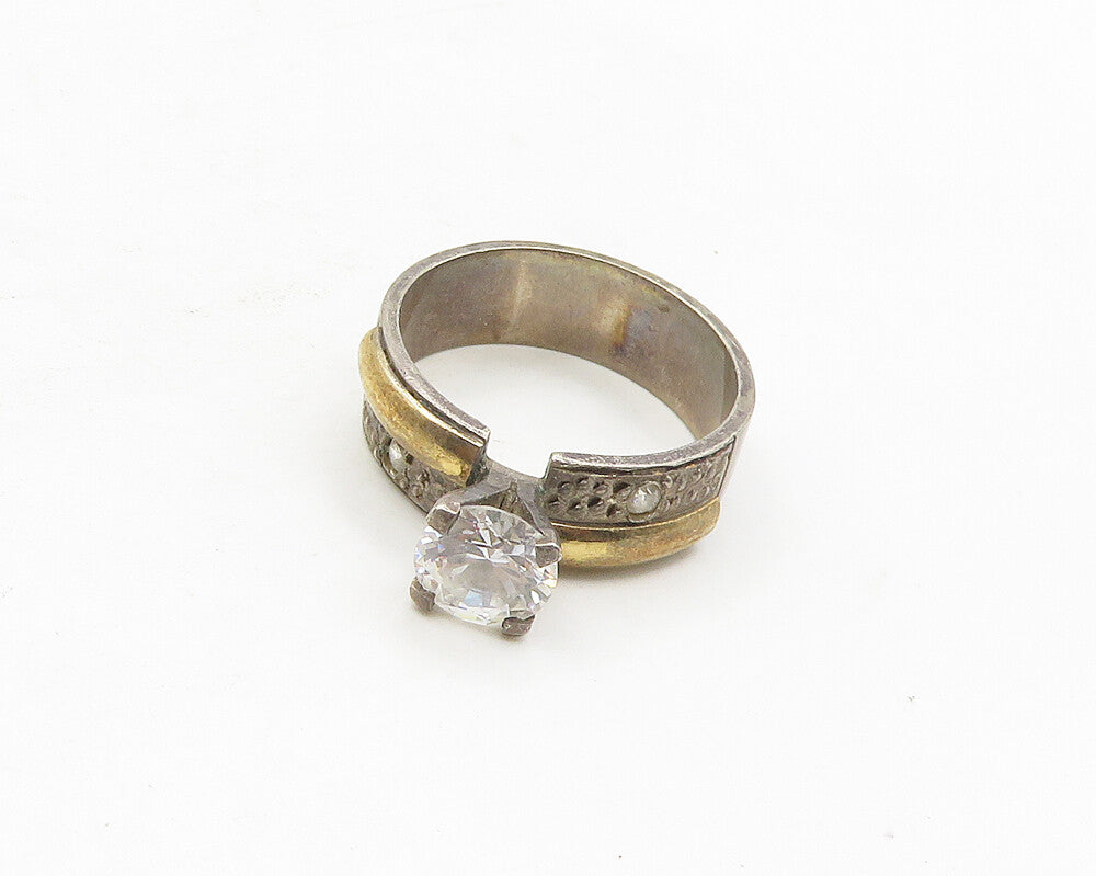 925 Silver & 14K GOLD  Vintage Cubic Zirconia Solitaire Ring Sz 8  RG18214