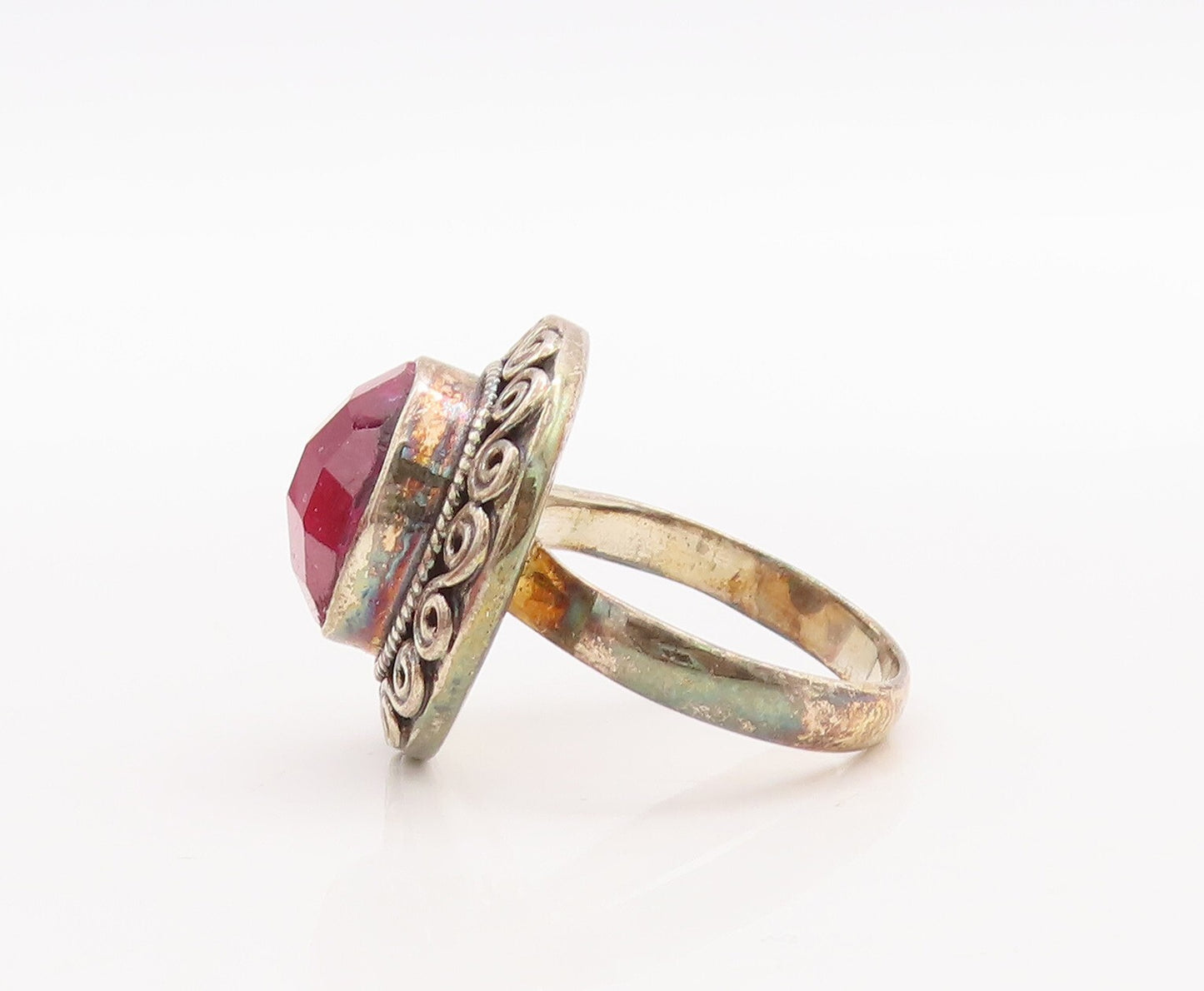 925 Sterling Silver Vintage Ring Pink Gemstone Swirly Carved  Sz 7  RG29704