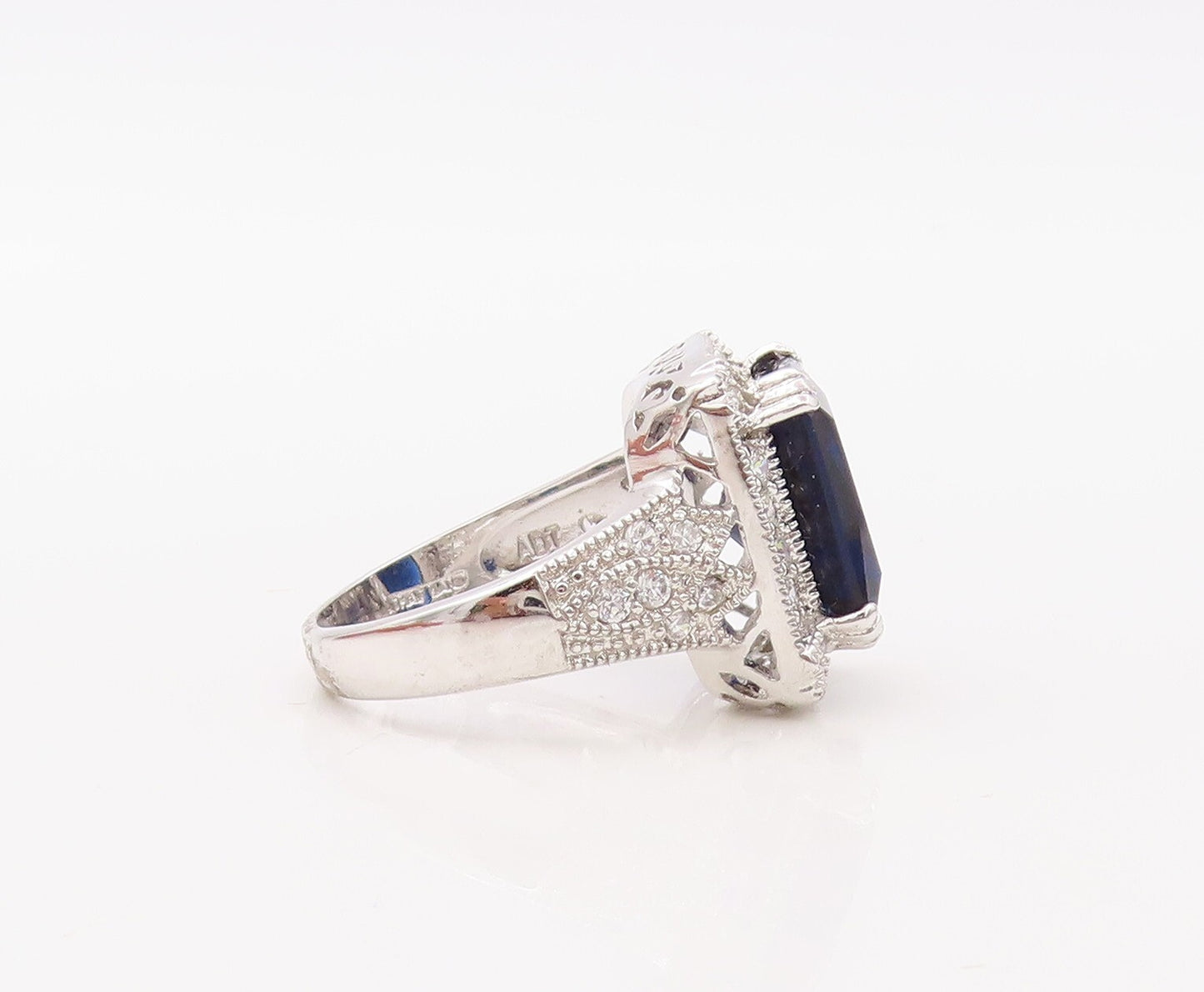 925 Sterling Silver Vintage Ring Rectangle Sapphire Halo CZ Frame  Sz 7  RG30784