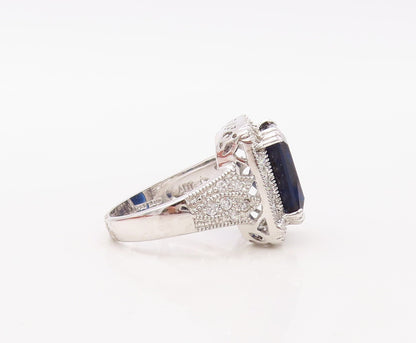 925 Sterling Silver Vintage Ring Rectangle Sapphire Halo CZ Frame  Sz 7  RG30784