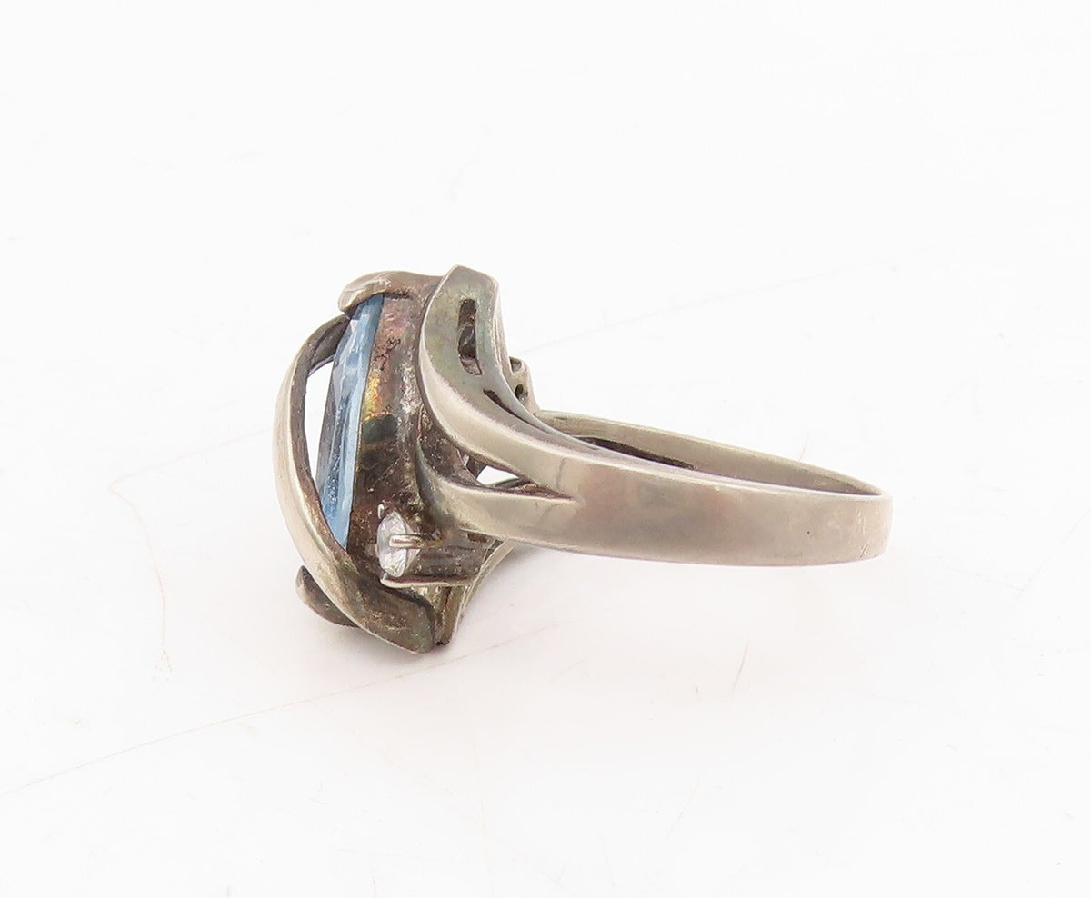 925 Sterling Silver Vintage Ring  Designer Cut 2 Tone Topaz  Sz 6  RG31722