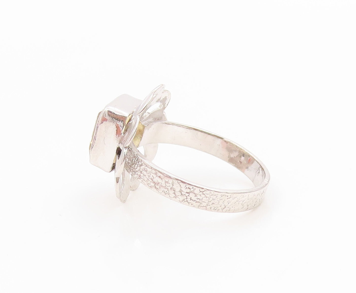 925 Sterling Silver Vintage Ring Modernist Citrine Floral Cutout  Sz 7  RG36175