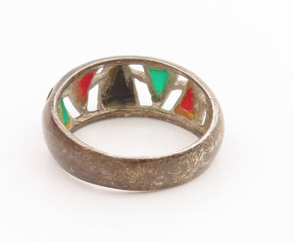 925 Sterling Silver Vintage Ring Multi Gemstone Geometric Cutout  Sz 10  RG35852