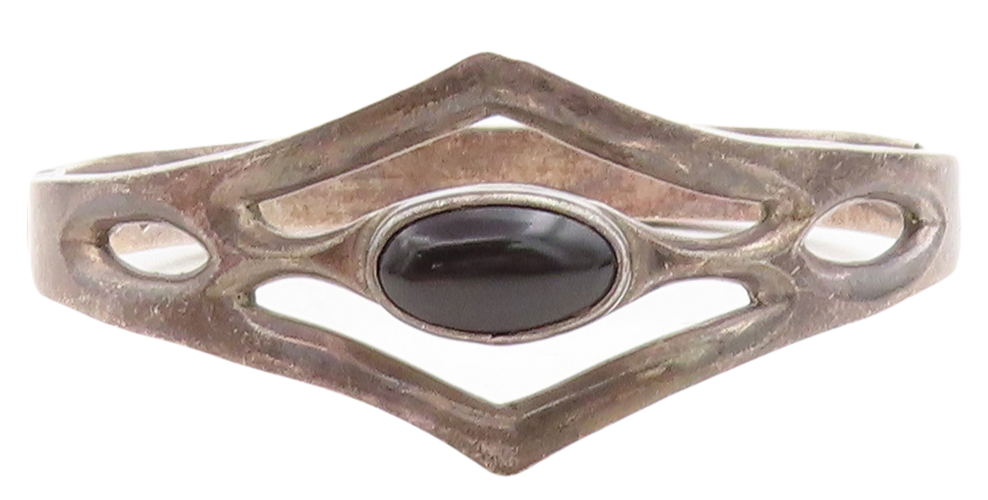MEXICO 925 Silver  Vintage Black Onyx Dark Tone Open Bangle Bracelet  BT2519