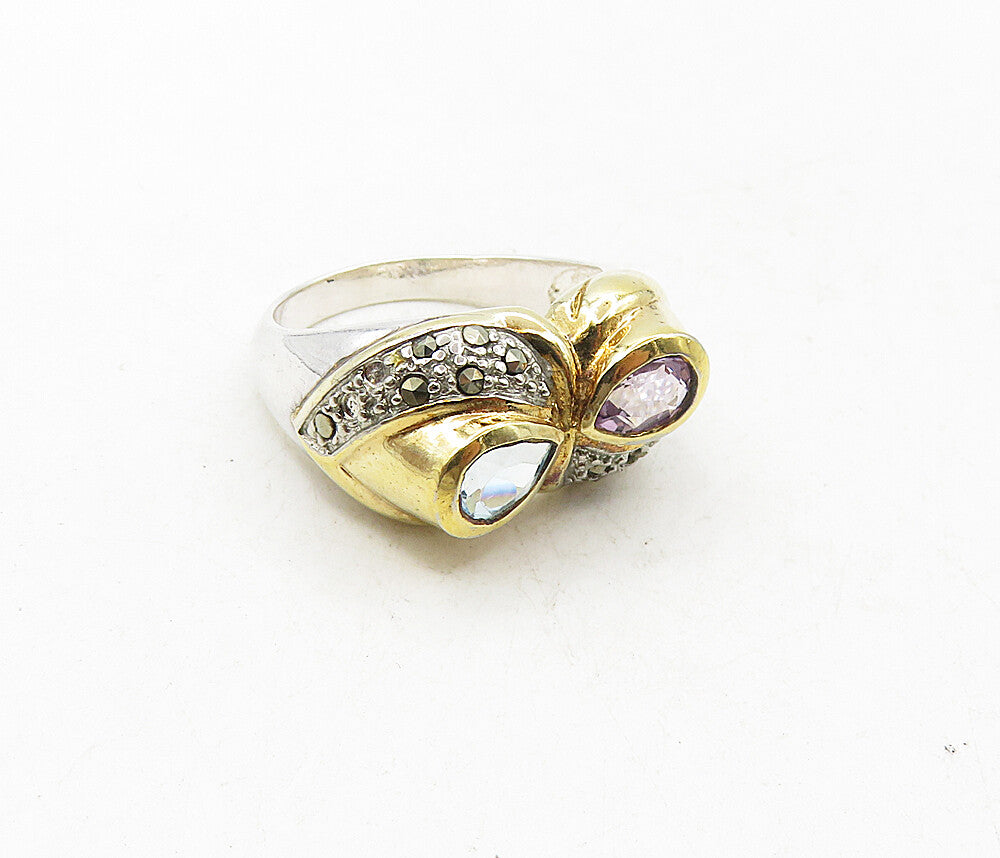 925 Sterling Silver Amethyst Topaz & Marcasite Two Tone Band Ring Sz 8  RG9275