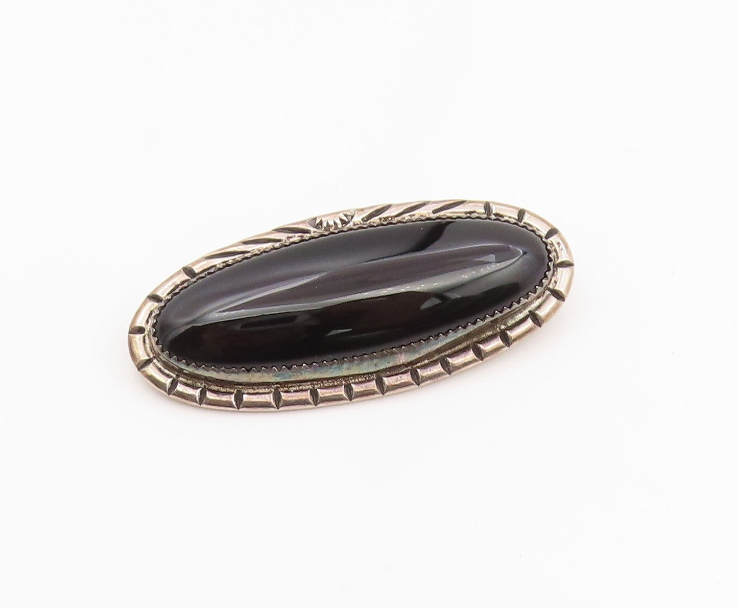925 Sterling Silver Vintage Brooch Pin NAVAJO Modern Cabochon Black Onyx BP12342