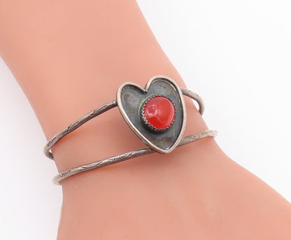 DESIGNER 925 Silver  Vintage Carnelian Love Heart Split Cuff Bracelet  BT9476