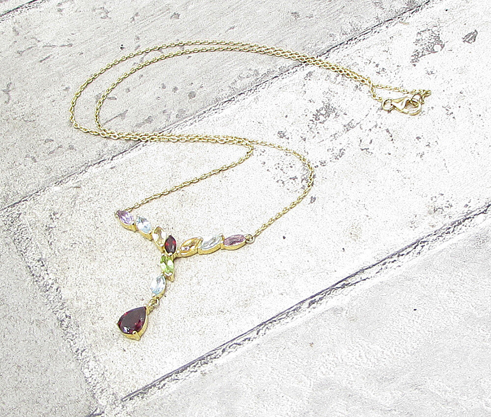 Gold Over 925 Silver Multi Colored Gemstones Lariat Chain Necklace PT1294