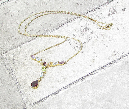 Gold Over 925 Silver Multi Colored Gemstones Lariat Chain Necklace PT1294