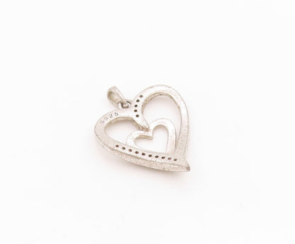 925 Sterling Silver Vintage Pendant Topaz Inlay Double Hearts  PT24412