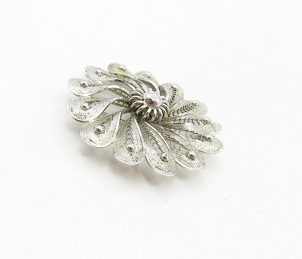 CAMEO 925 Sterling Silver  Vintage Shiny Filigree Flower Brooch Pin  BP3445