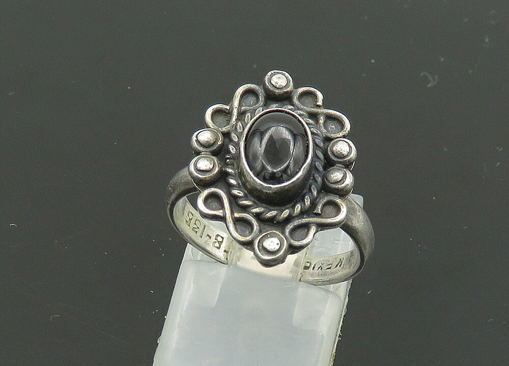 MEXICO 925 Silver  Vintage Black Onyx Floral Motif Band Ring Sz 6.5  RG20954