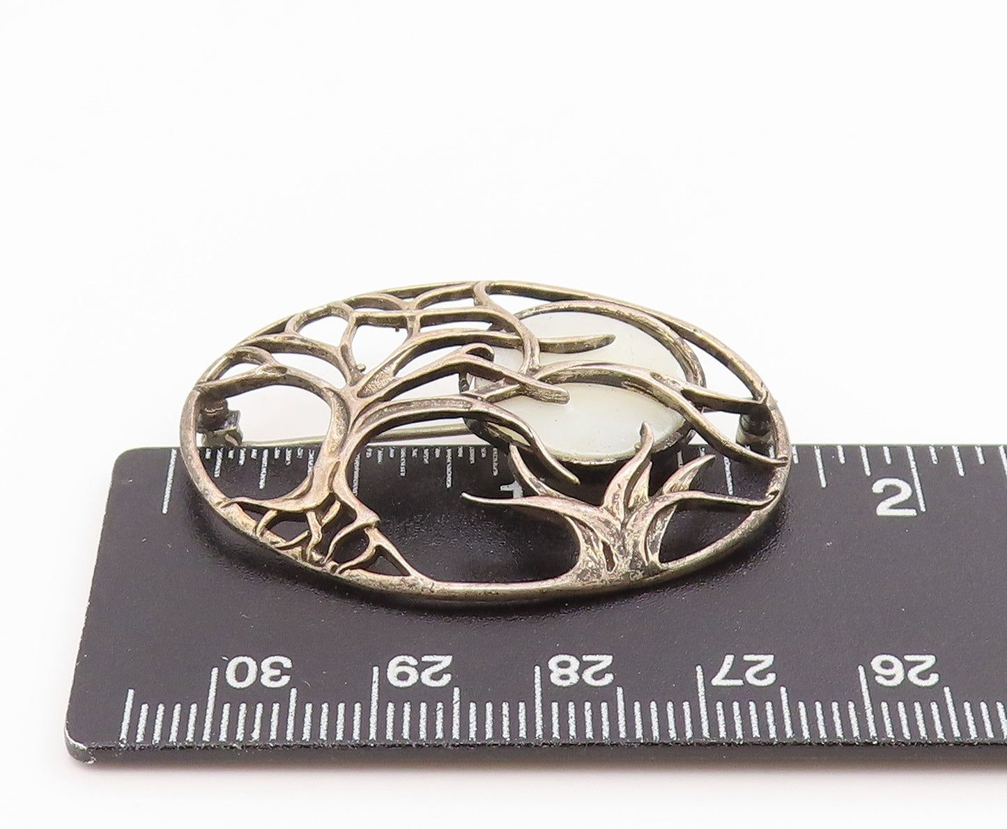 925 Sterling Silver Vintage Brooch Pin Mother Of Pearl Night Scenery   BP12198