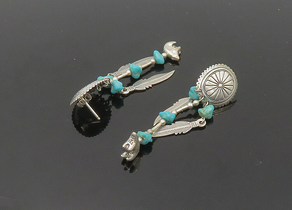 SOUTHWESTERN 925 Silver Vintage Turquoise Feather Dangle Earrings EG10447