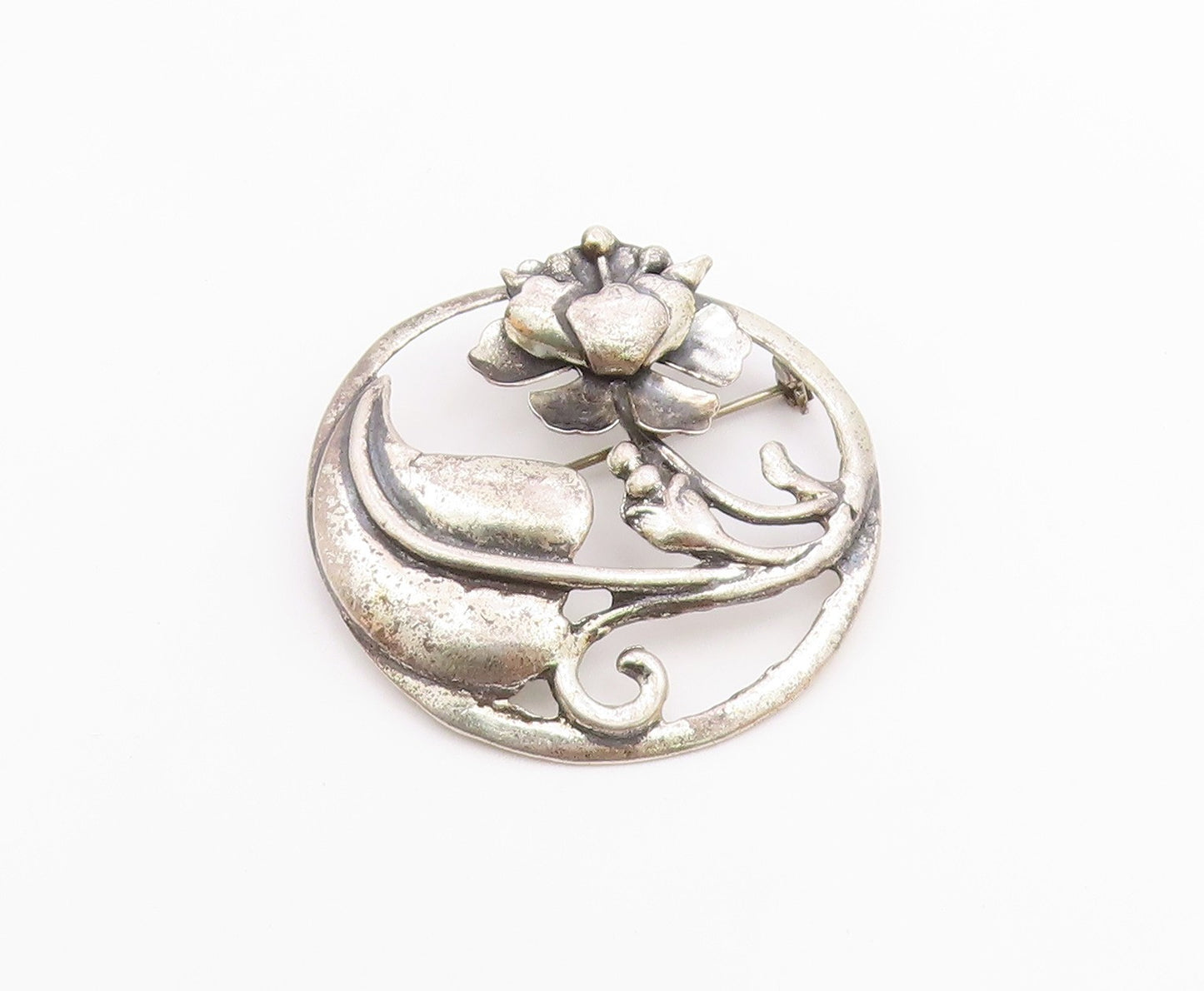 925 Sterling Silver  Vintage Antique Floral Swirl Round Brooch Pin  BP7047